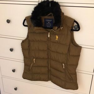 POLO Olive Brown Puffer Vest w/ Black Fur Neck